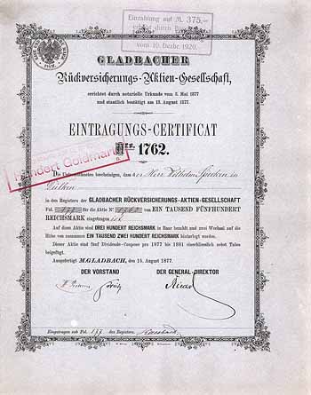 Gladbacher Rückvers.-AG (blaugr. Papier, Stempel 1920)