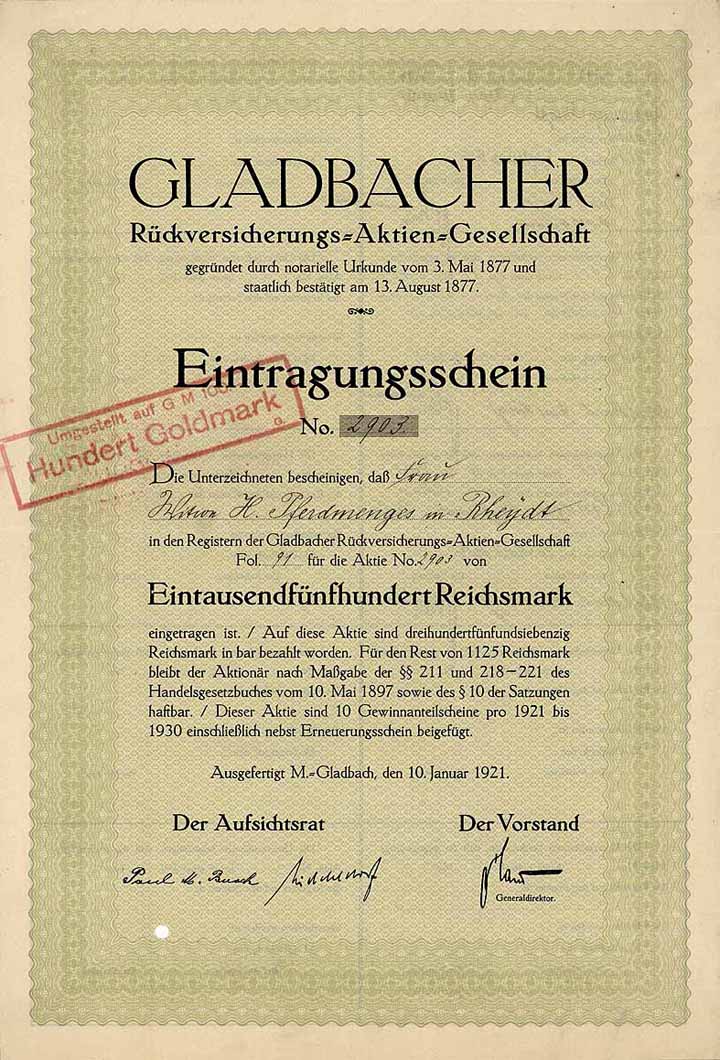 Gladbacher Rückversicherungs-AG (ohne Vollzahlungsstempel)